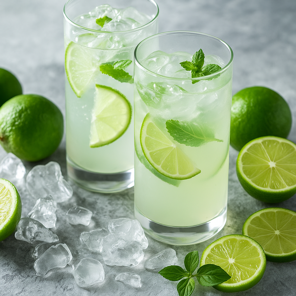 Copo de limonada de lima com gelo e hortelã fresca, bebida natural e refrescante de verão.
