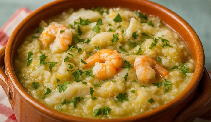 Açorda de bacalhau com camarão cremosa e aromática, receita tradicional portuguesa com pão, alho e coentros frescos.