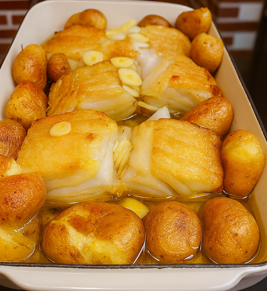 bacalhau à lagareiro tradicional com batatas e alho, receita portuguesa dourada no forno e cheia de sabor.