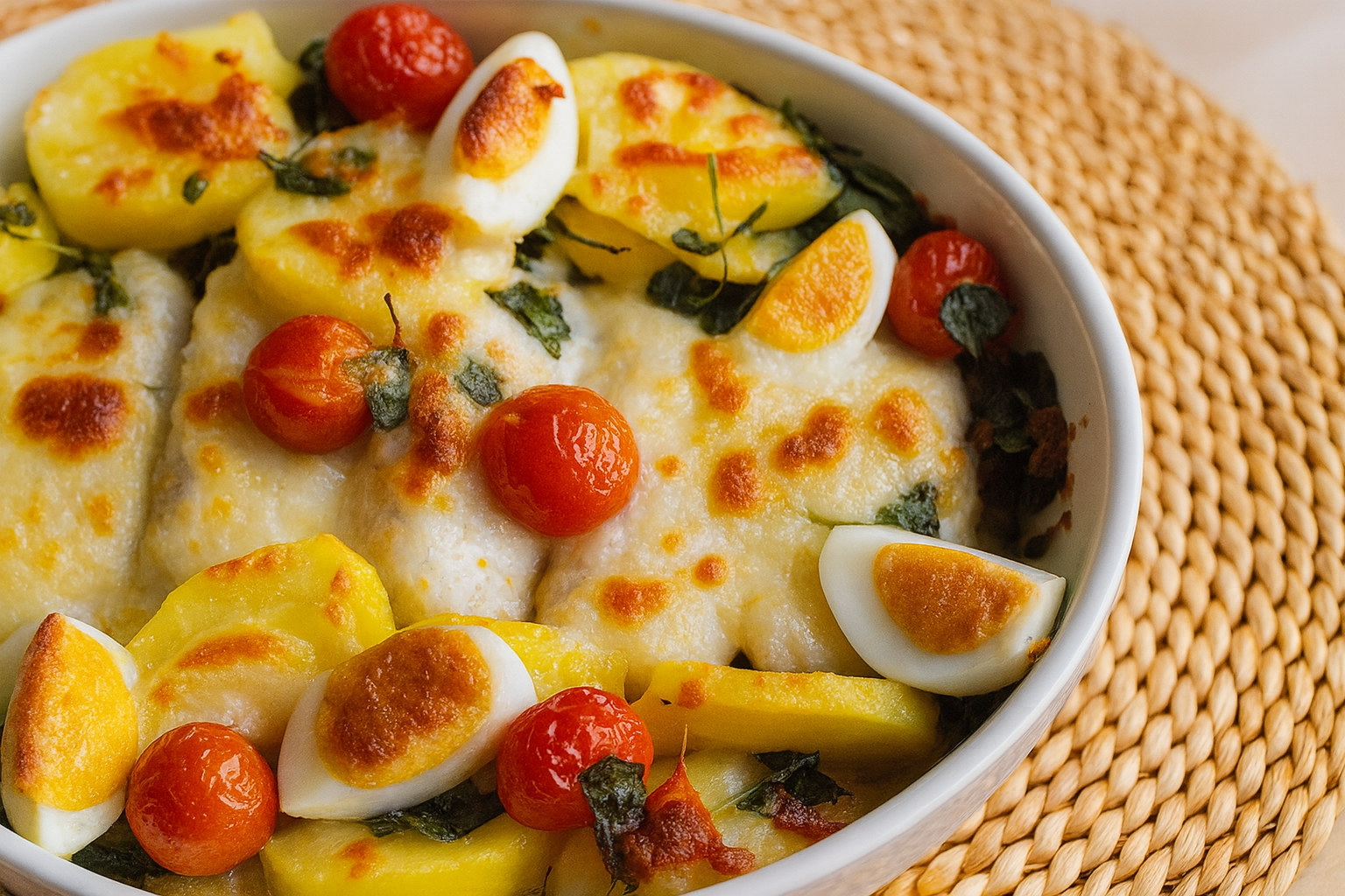 Medalhões de pescada gratinados com tomate cereja, batata e mozarela, receita portuguesa fácil e saborosa.