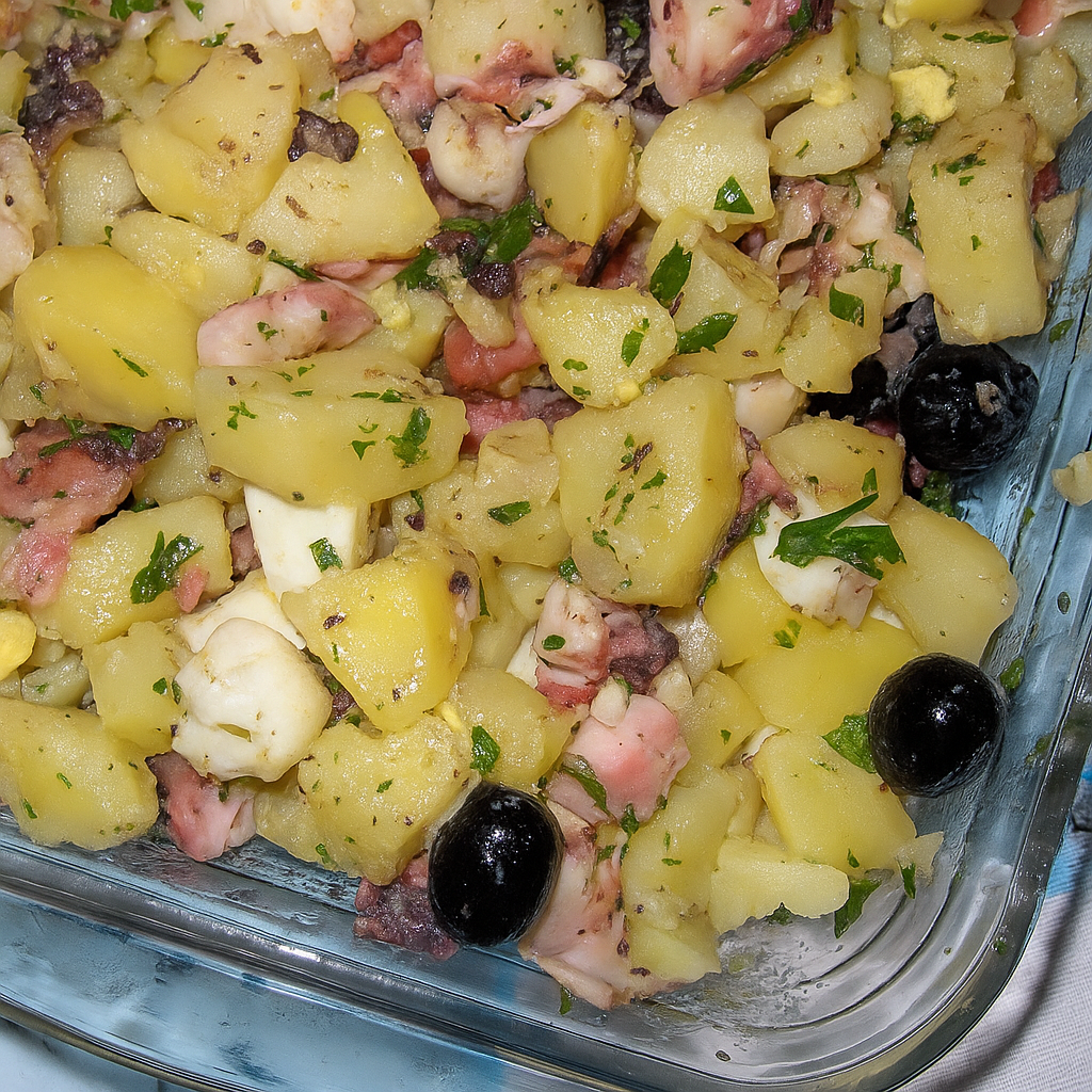 salada de polvo com batata, ovos, pickles e coentros, regada com azeite e servida fria.