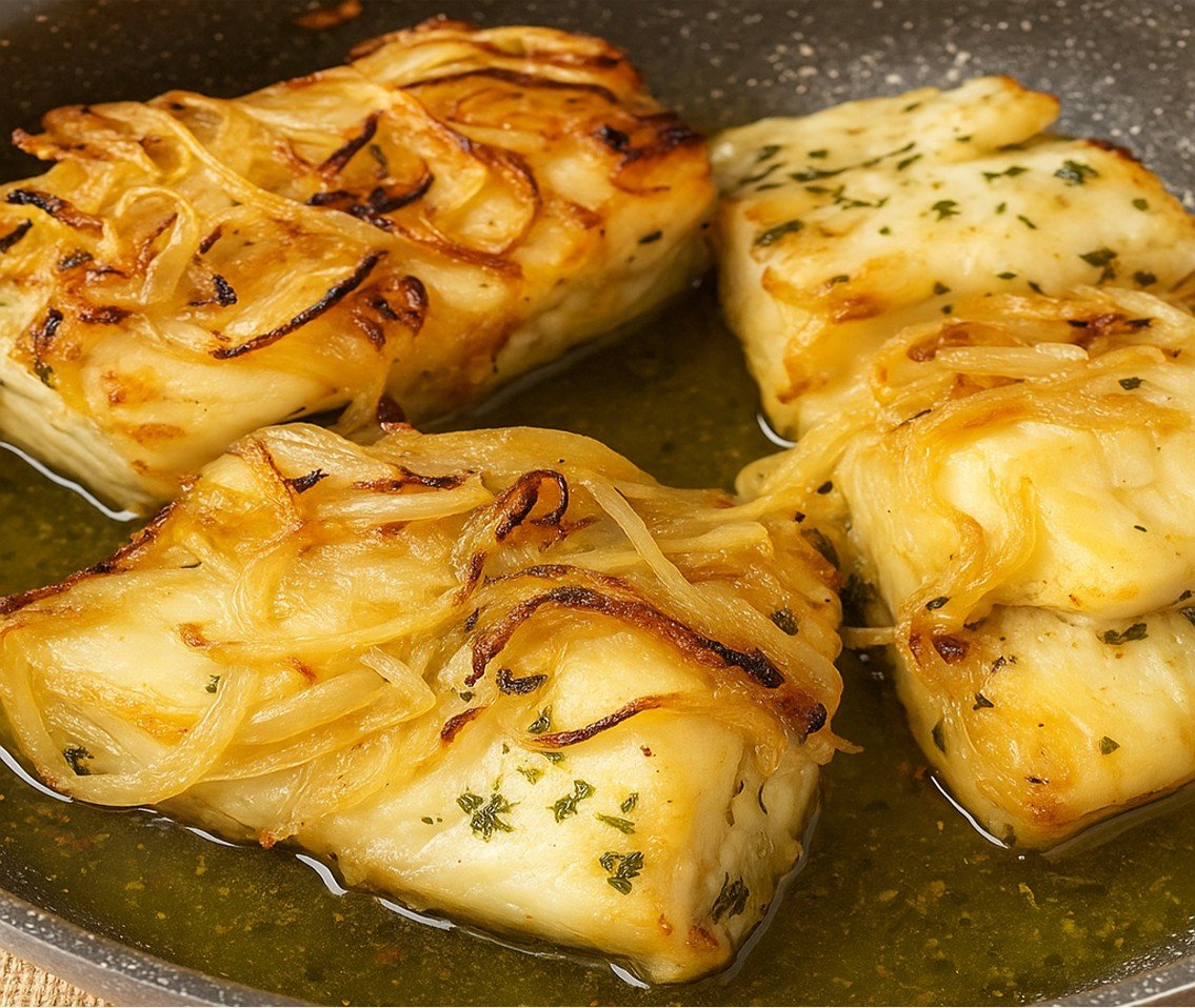 bacalhau frito com cebolada portuguesa, servido com azeite e salsa, prato tradicional português