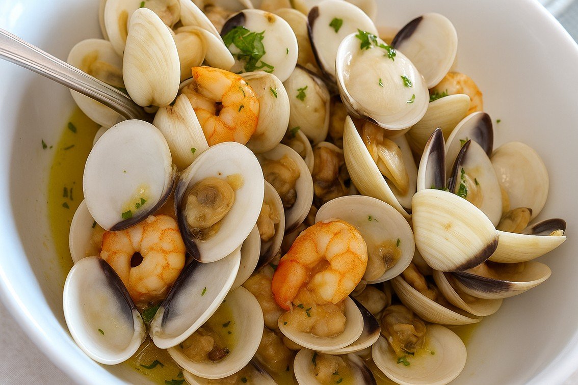 Mariscada salteada com camarão, ameijoas e alho, prato tradicional português cheio de sabor do mar.