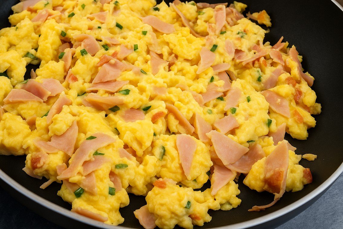 Ovos mexidos cremosos com fiambre e queijo, receita simples e rápida para um jantar leve.